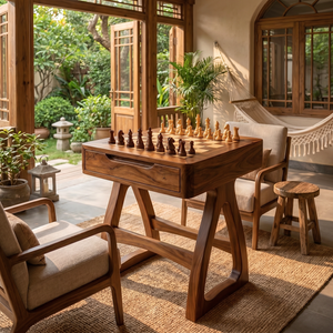 Handcrafted Solid Wood Chess Table with Storage Drawer and Sculptural Base
