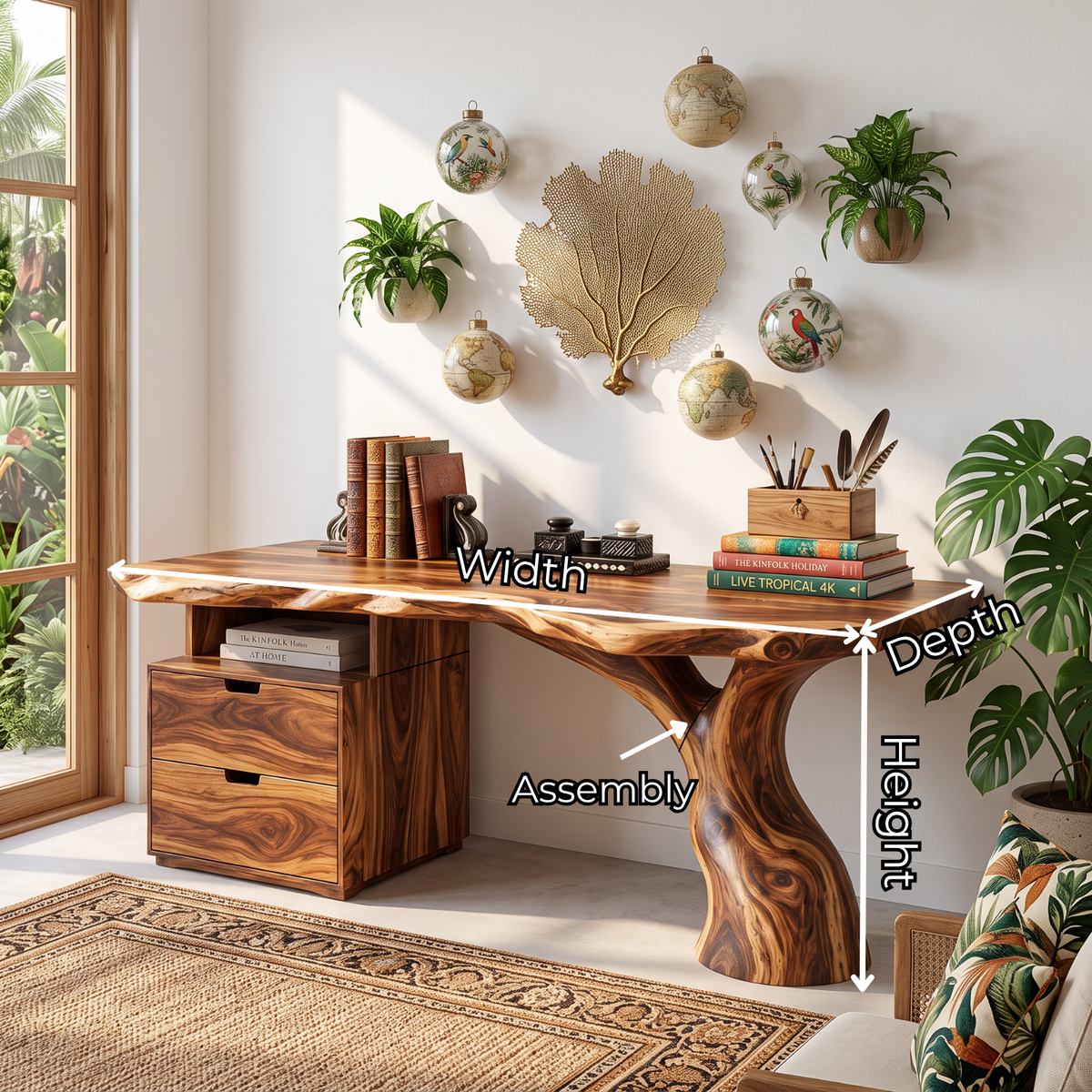 Live Edge Solid Wood Desk with Sculptural Tree Leg and Built In Drawer Cabinet
