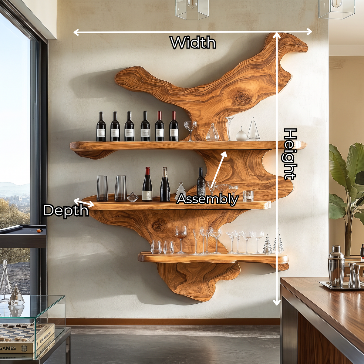 Organic Solid Wood Wine Rack with Floating Display Shelves and Sculptural Wall Form