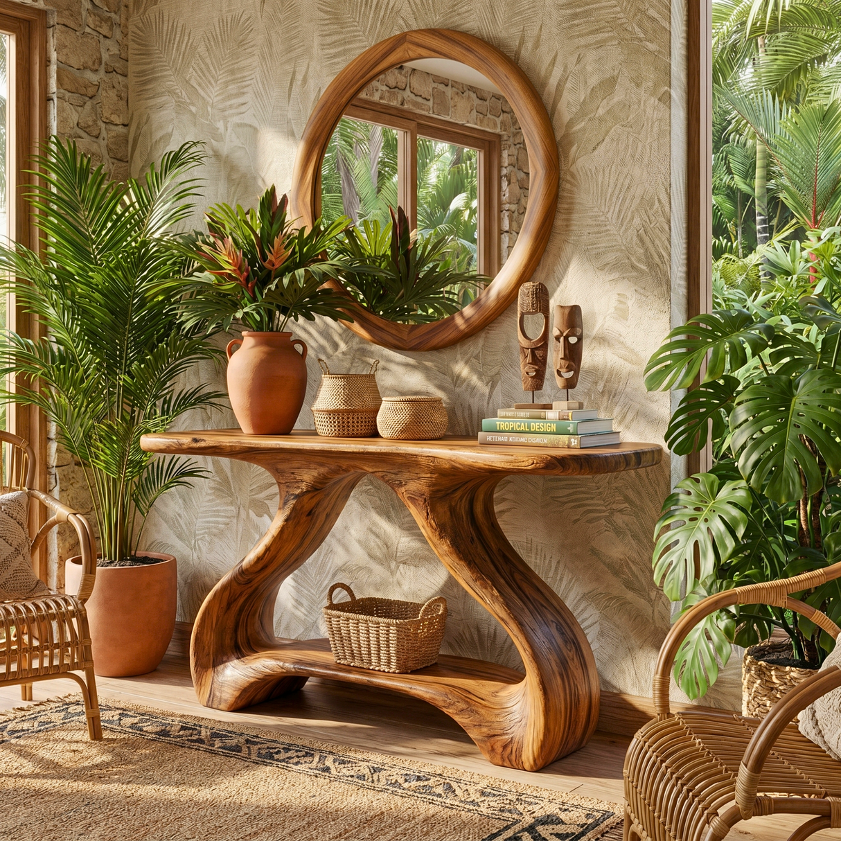 Organic Solid Wood Console Table with Sculptural Shelf Base