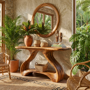 Organic Solid Wood Console Table with Sculptural Shelf Base