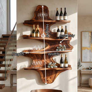 Cascading Solid Wood Wall Wine Rack with Four Sculptural Display Shelves