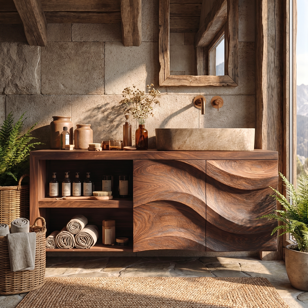 Sculptural Solid Wood Bathroom Vanity Cabinet with Flowing Carved Front