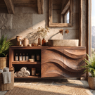 Sculptural Solid Wood Bathroom Vanity Cabinet with Flowing Carved Front