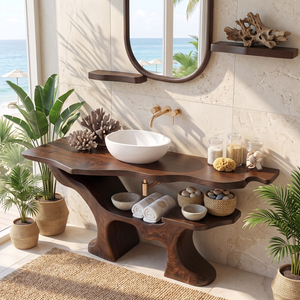 Solid Wood Bathroom Vanity with Organic Branch Base and Open Shelf