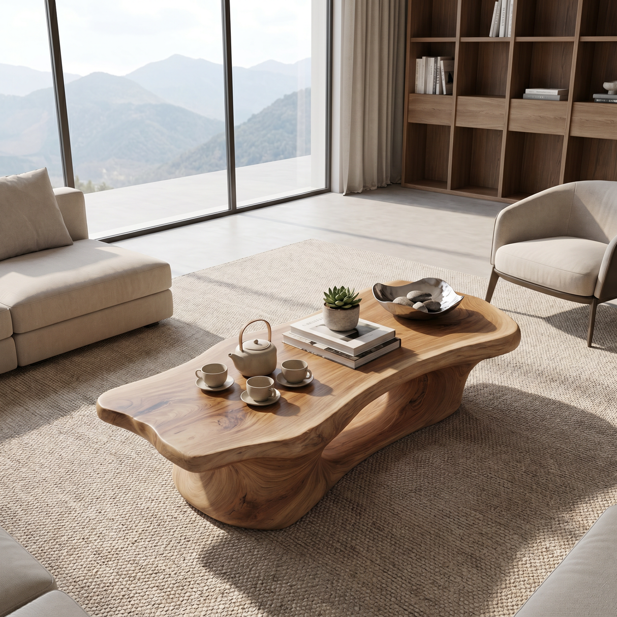 Coffee Table Solid Wood with Long Arched Hollow Base for Living Room
