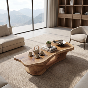 Coffee Table Solid Wood with Long Arched Hollow Base for Living Room