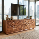 TV Console Sideboard Solid Wood with Wave Carved Cabinet Storage