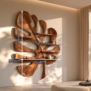 Solid Wood Tropical Leaf Wall Sculpture with Integrated Display Shelves for Living Room Decor