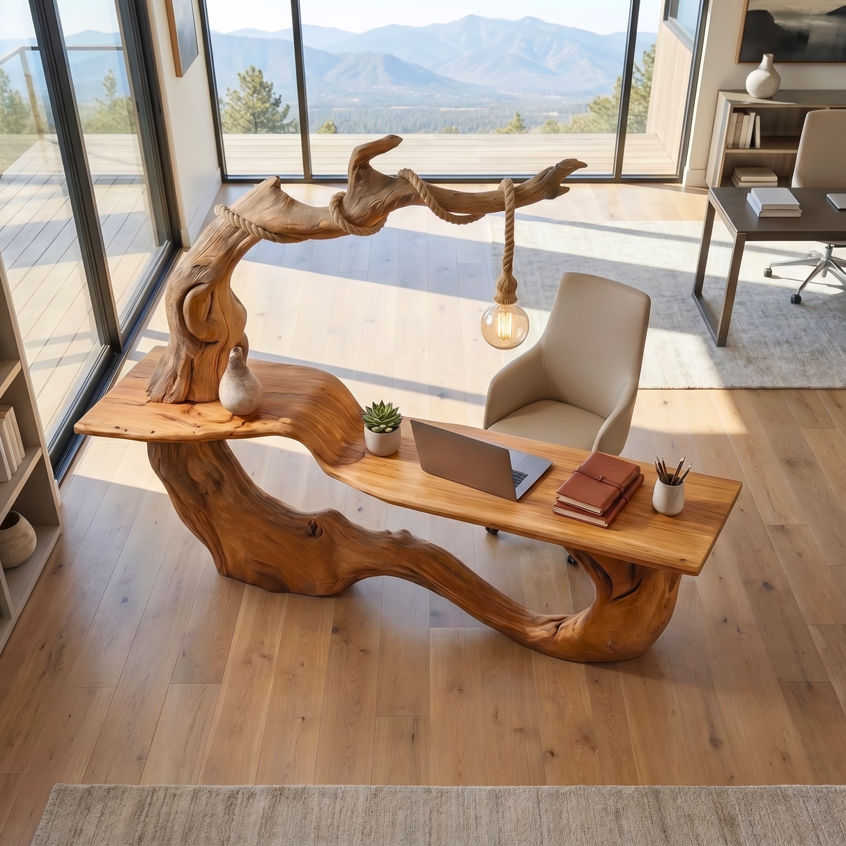 Handmade Organic Solid Wood Desk With Hanging Lamp Sculptural Modern Workspace Table
