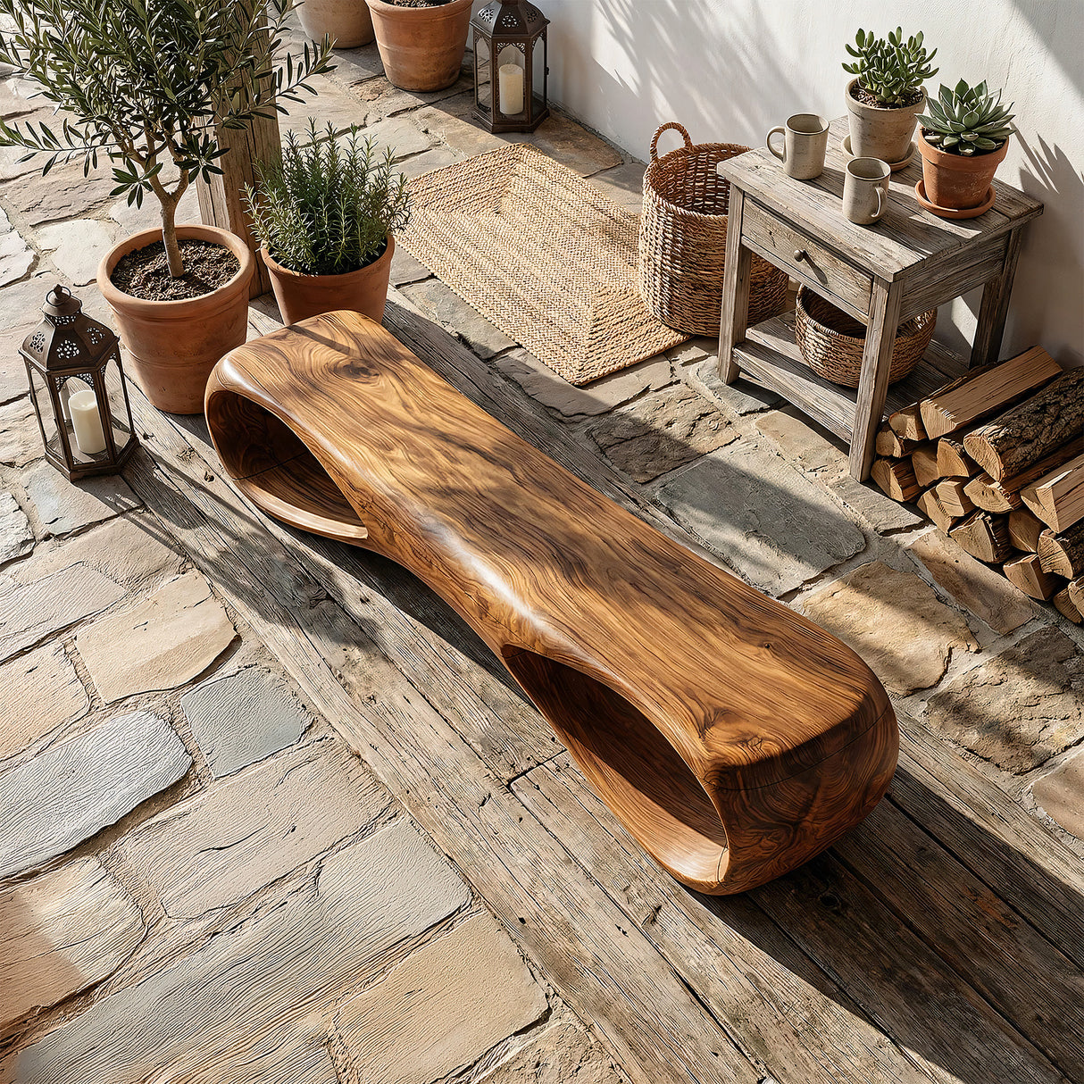 Sculptural Solid Wood Bench with Organic Hollow Design