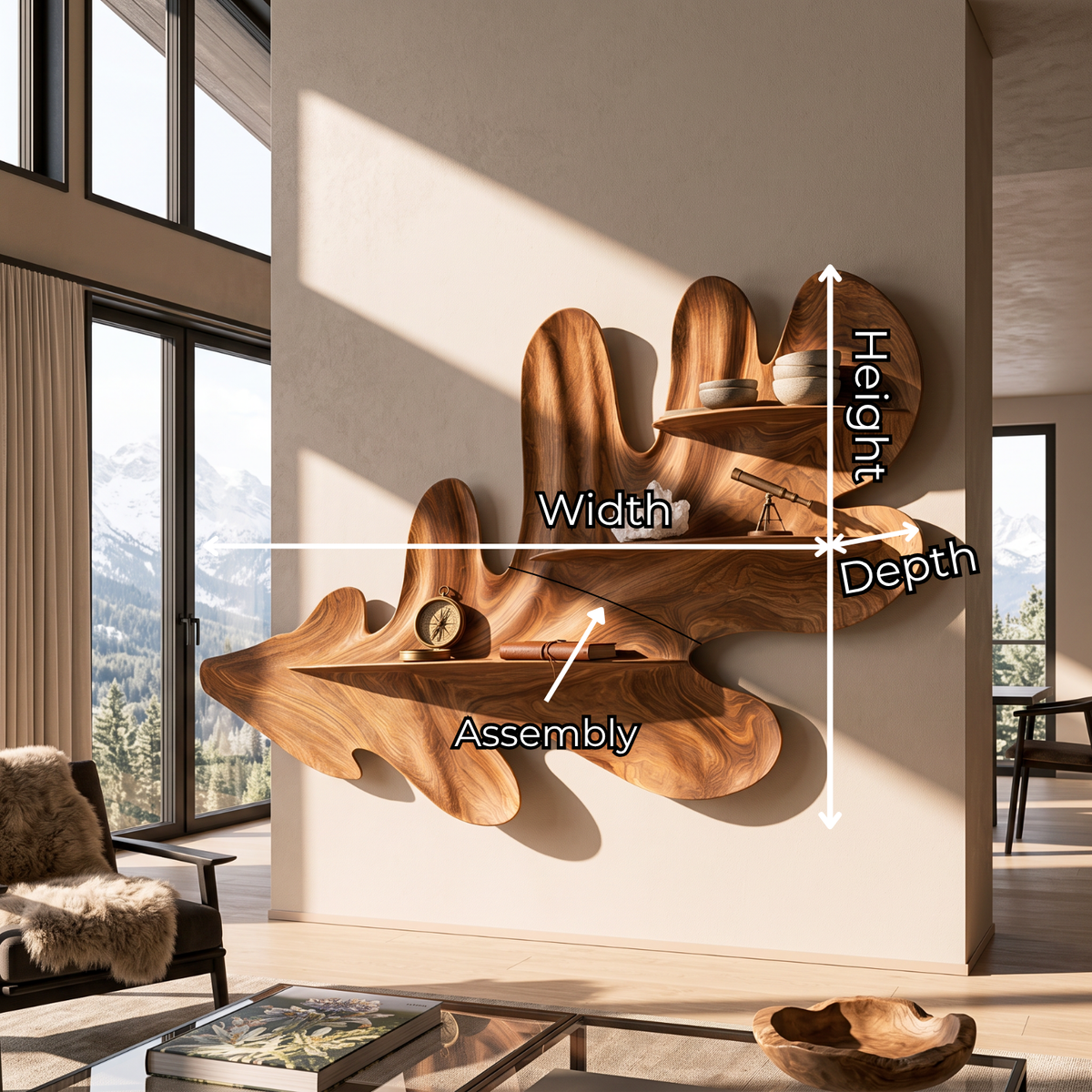 Organic Leaf Solid Wood Wall Shelf with Sculptural Floating Display Shelves