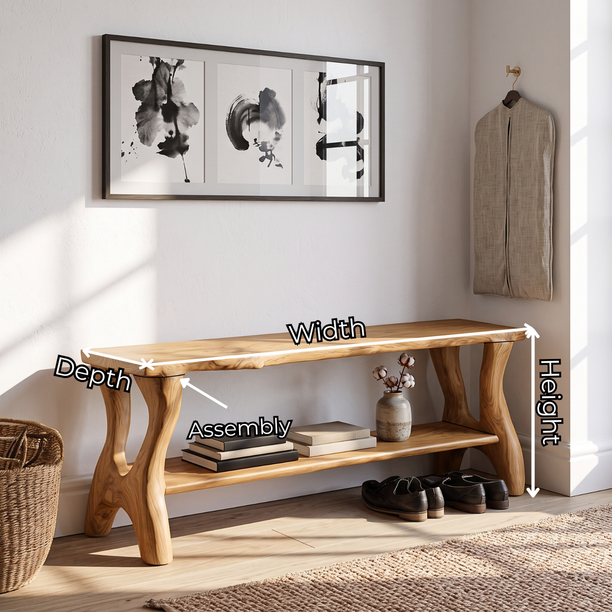 Handcrafted Solid Wood Shoe Bench with Organic Legs and Open Storage Shelf