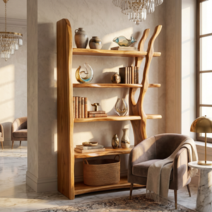 Freestanding Solid Wood Bookshelf with Sculptural Tree Support