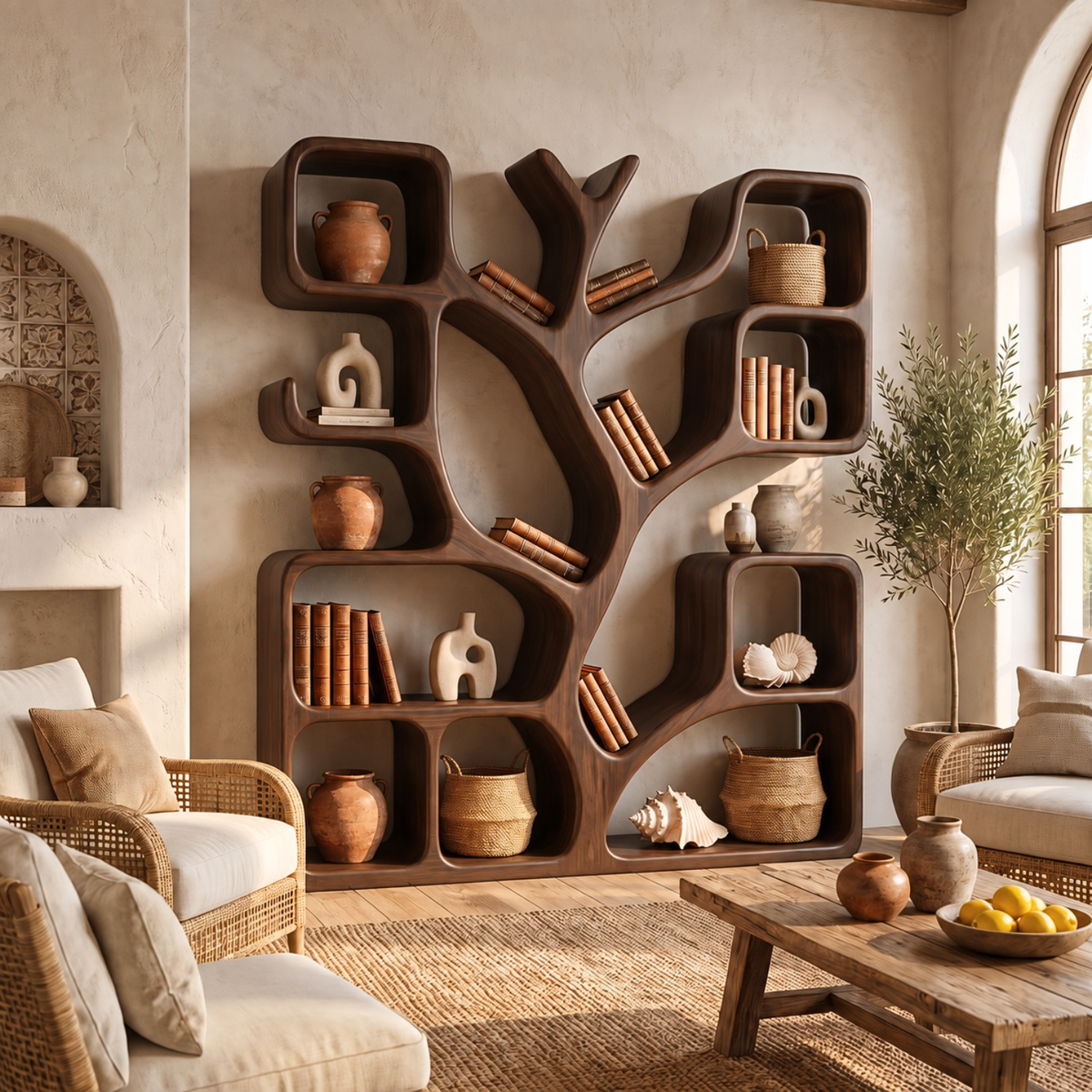 Handcrafted Solid Wood Tree Bookshelf with Organic Open Display Shelves