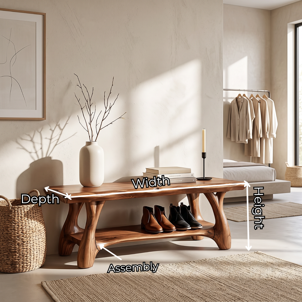 Organic Solid Wood Shoe Bench with Sculptural Legs and Open Shelf