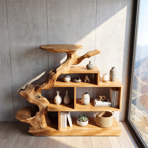 Sculptural Solid Wood Bookshelf with Elevated Shelf Tree Form Organic Modern Display