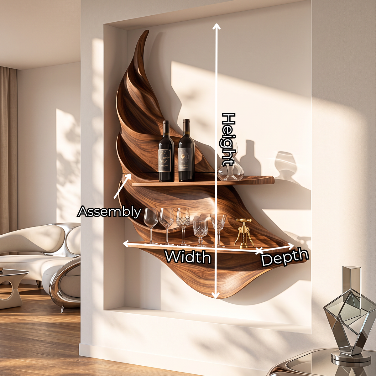 Twisting Leaf Solid Wood Wall Wine Holder with Two Display Shelves