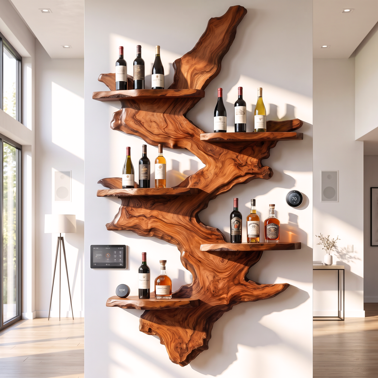 Wall Mounted Wine Rack Solid Wood with Sculptural Live Edge Slab and Floating Shelves