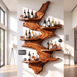 Wall Mounted Wine Rack Solid Wood with Sculptural Live Edge Slab and Floating Shelves