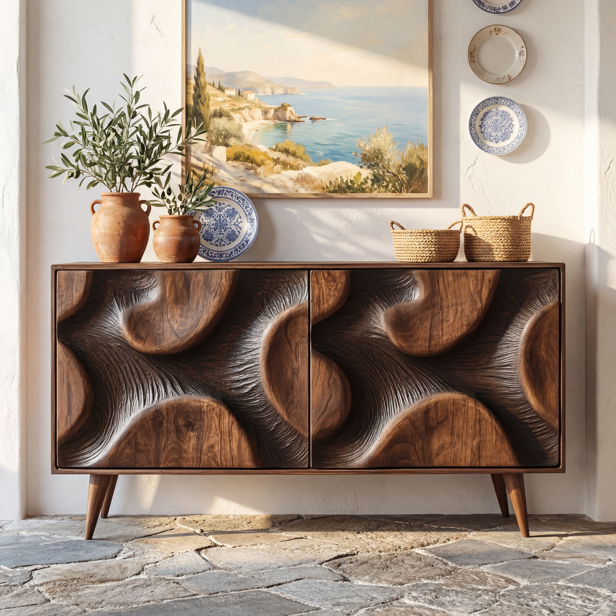 Sculpted Relief Solid Wood Sideboard Cabinet for Living and Dining