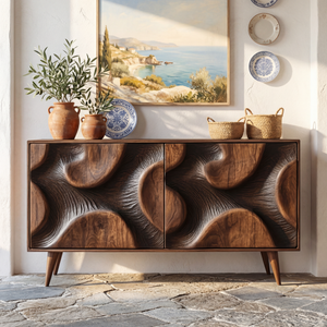 Sculpted Relief Solid Wood Sideboard Cabinet for Living and Dining