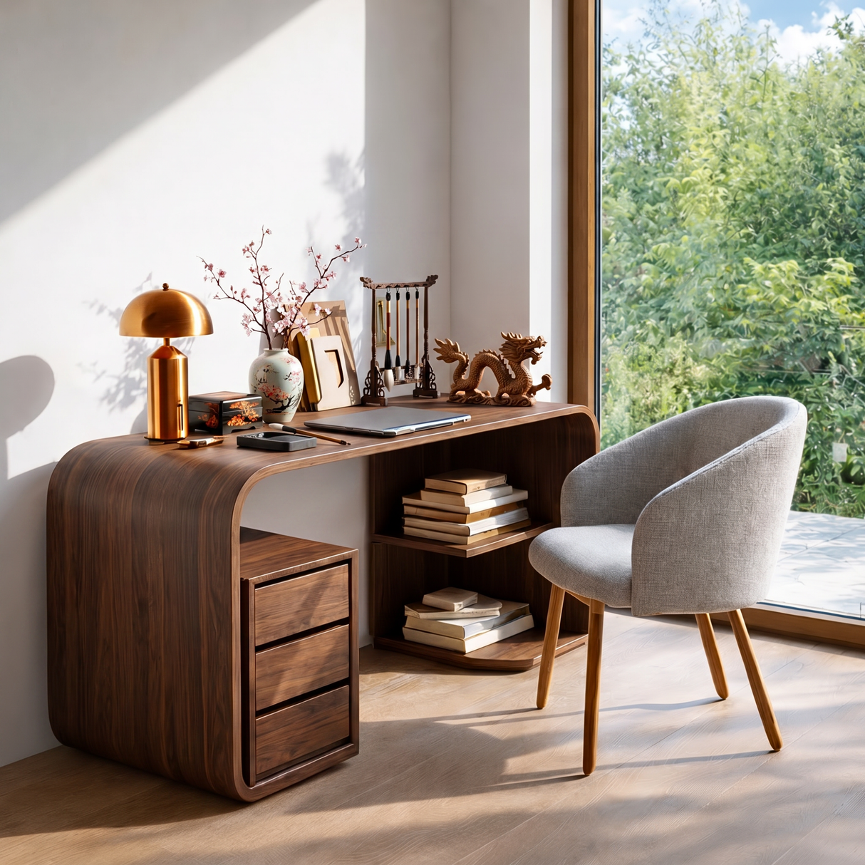 Solid Wood Writing Desk with Rounded Architectural Form