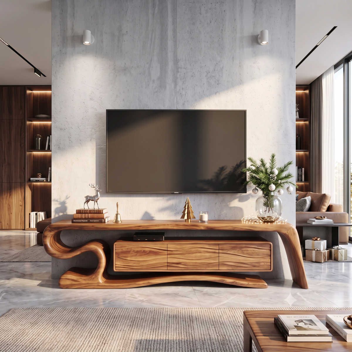 TV Stand with Sculptural S-Curve Frame and Natural Wave Grain Cabinet