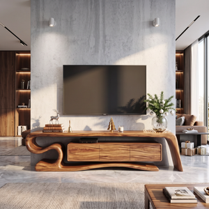 TV Stand with Sculptural S-Curve Frame and Natural Wave Grain Cabinet
