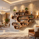 Large Organic Solid Wood Wall Bookshelf with Wave Shelf Compartments