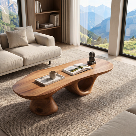 Solid Wood Coffee Table with Dual Sculptural Hollow Base