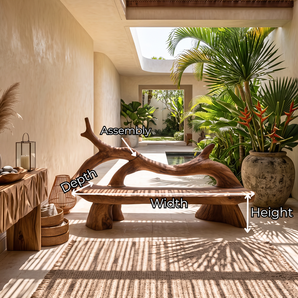 Organic Solid Wood Bench with Flowing Branch Backrest and Sculptural Base