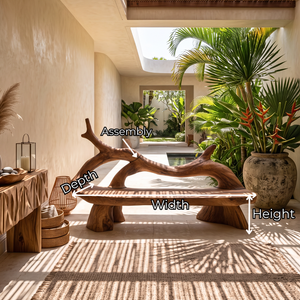 Organic Solid Wood Bench with Flowing Branch Backrest and Sculptural Base