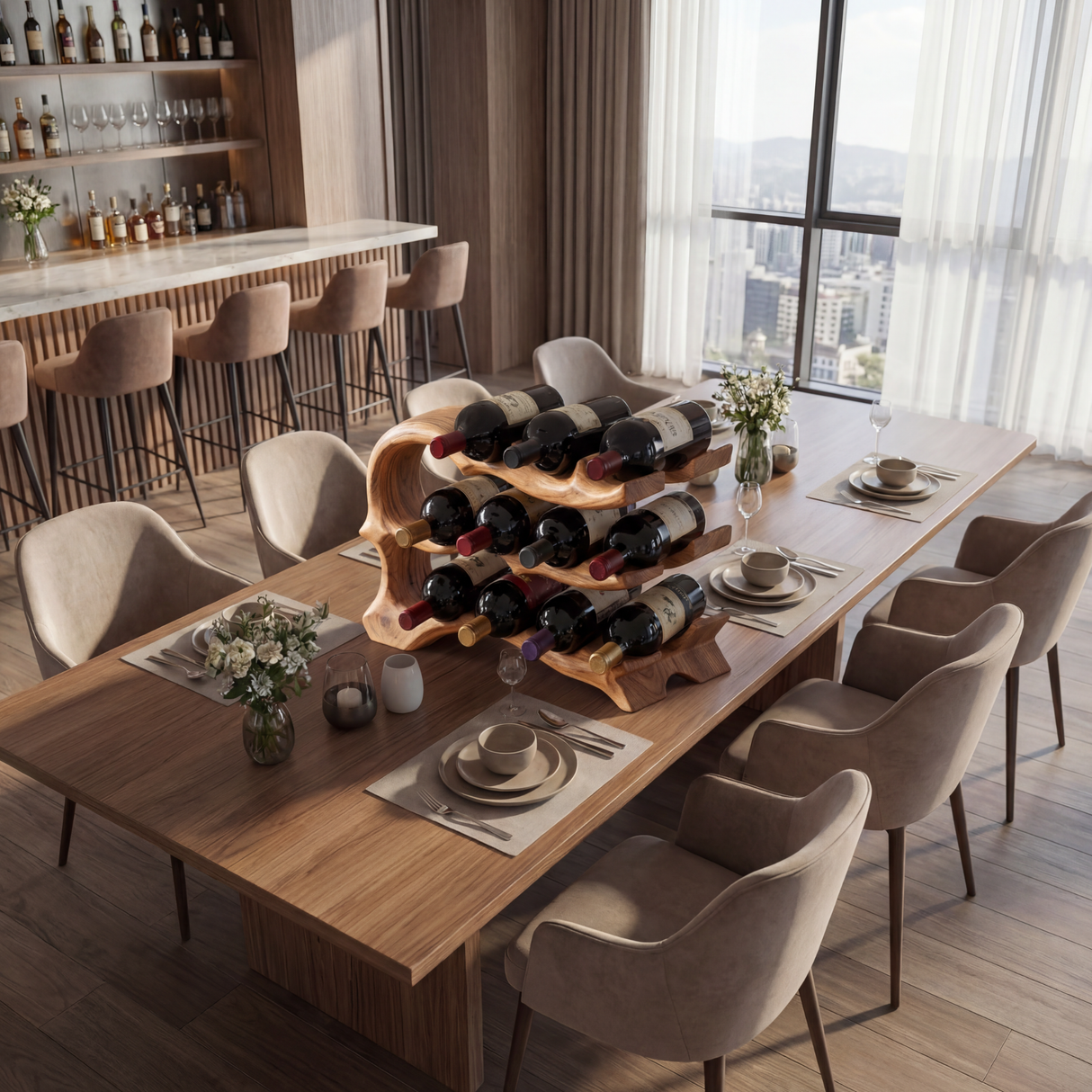 Solid Wood Wine Rack Sculptural Open Frame Bottle Holder Multi Tier Bar Display