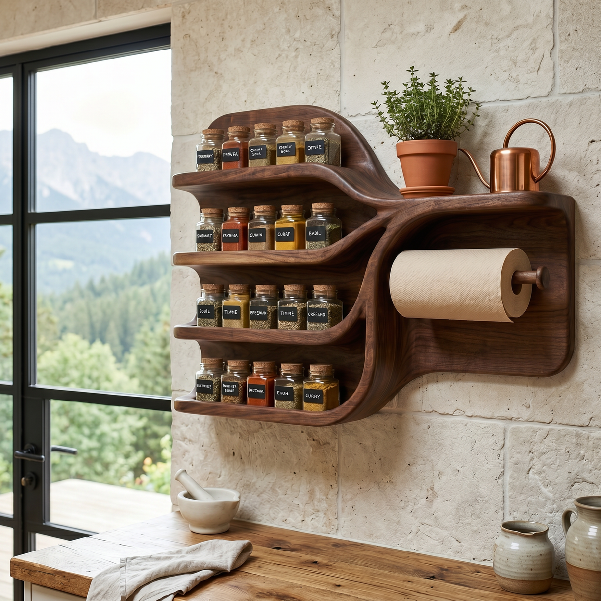 Handcrafted Solid Wood Kitchen Wall Organizer with Spice Shelves and Paper Towel Holder