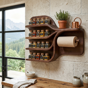Handcrafted Solid Wood Kitchen Wall Organizer with Spice Shelves and Paper Towel Holder