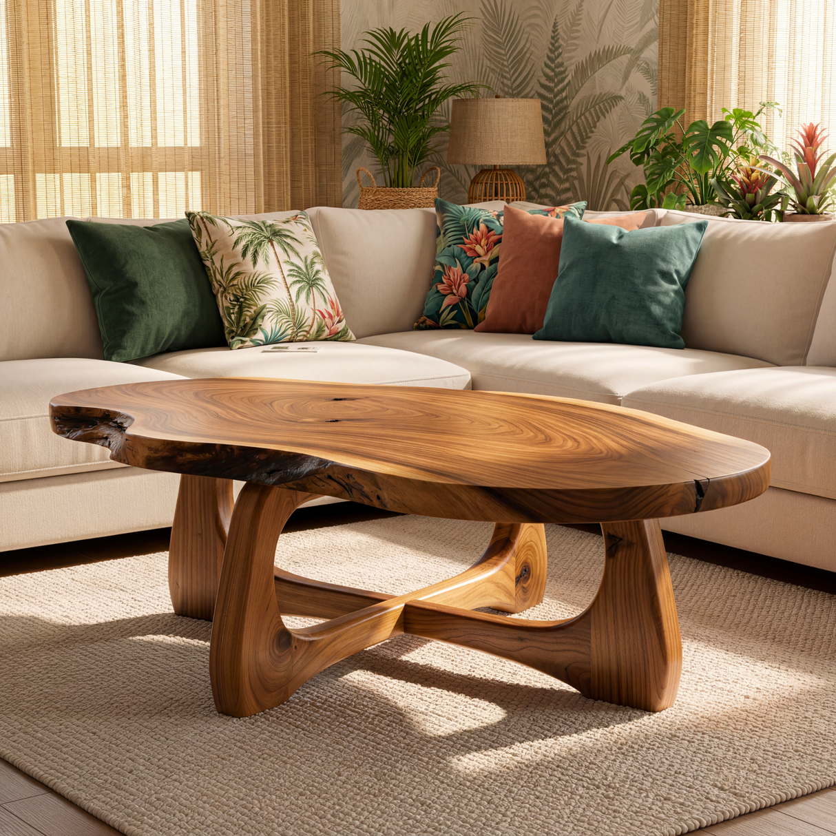 Live Edge Solid Wood Coffee Table with Sculptural Open Base