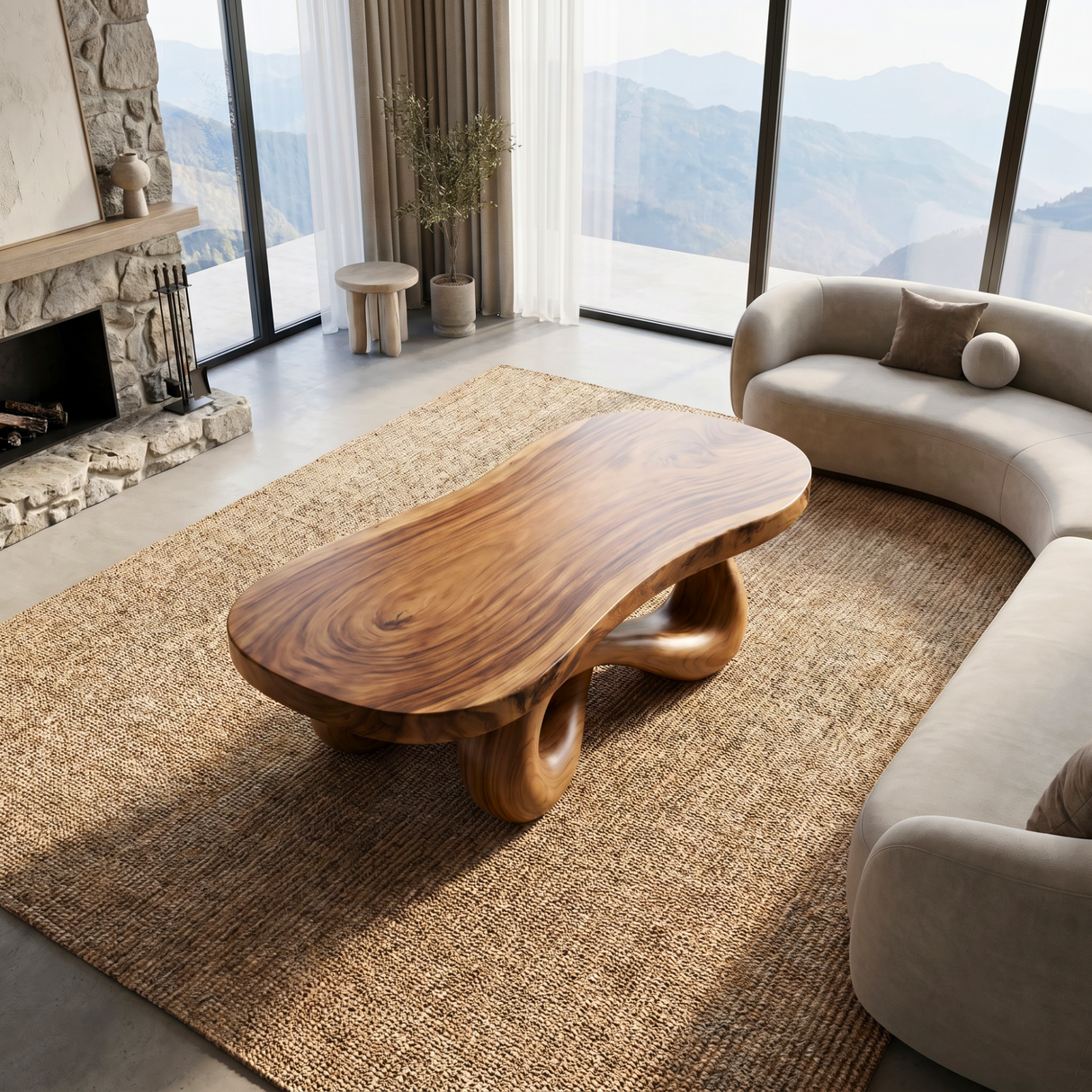 Handcrafted Solid Wood Coffee Table with Organic Sculptural Base and Rounded Live Edge Top