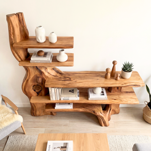 Sculptural Solid Wood Console Table with Organic Base and Open Display Shelves Artistic Freeform Console Table