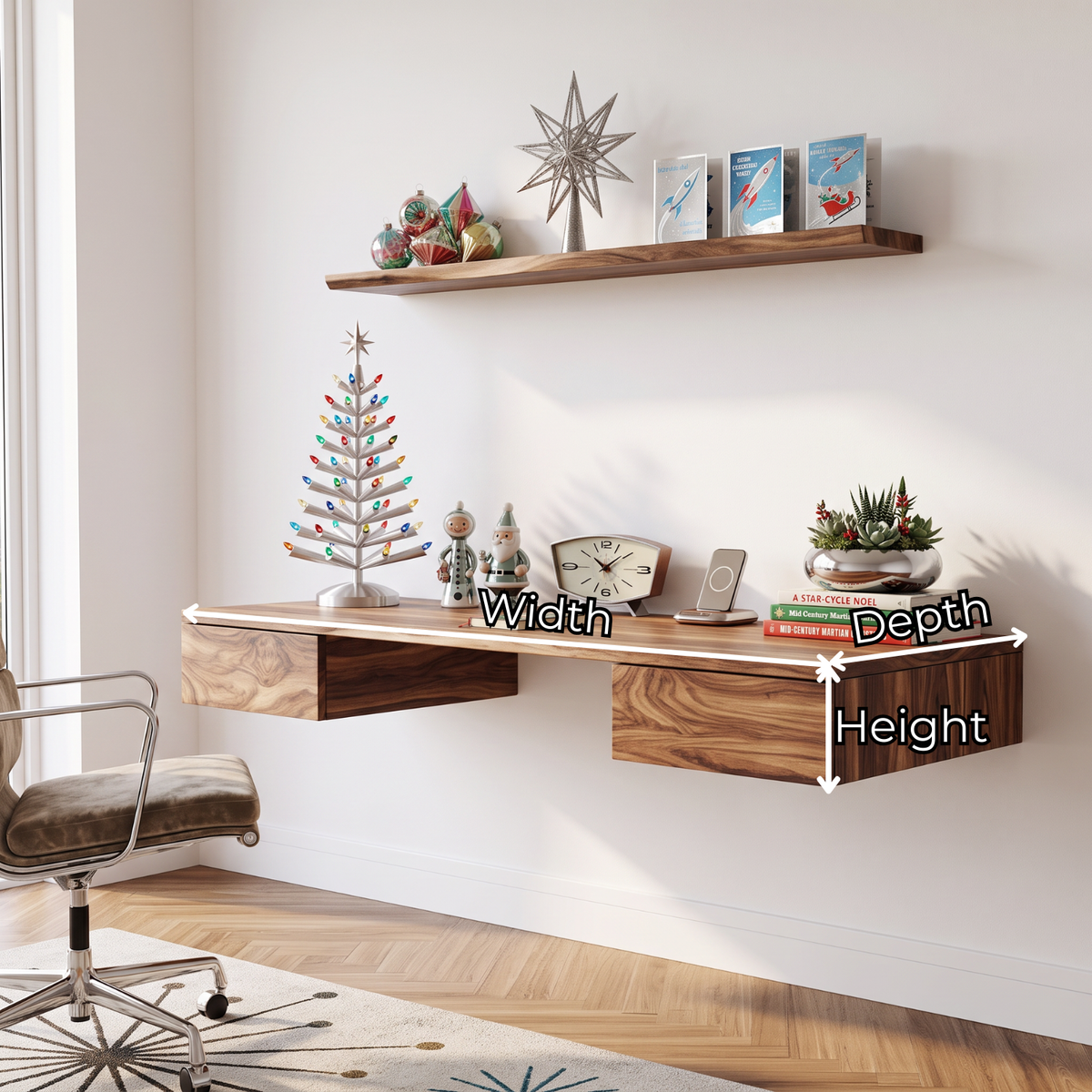 Wall Mounted Solid Wood Desk with Floating Drawers and Natural Wood Grain