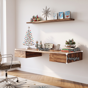 Wall Mounted Solid Wood Desk with Floating Drawers and Natural Wood Grain