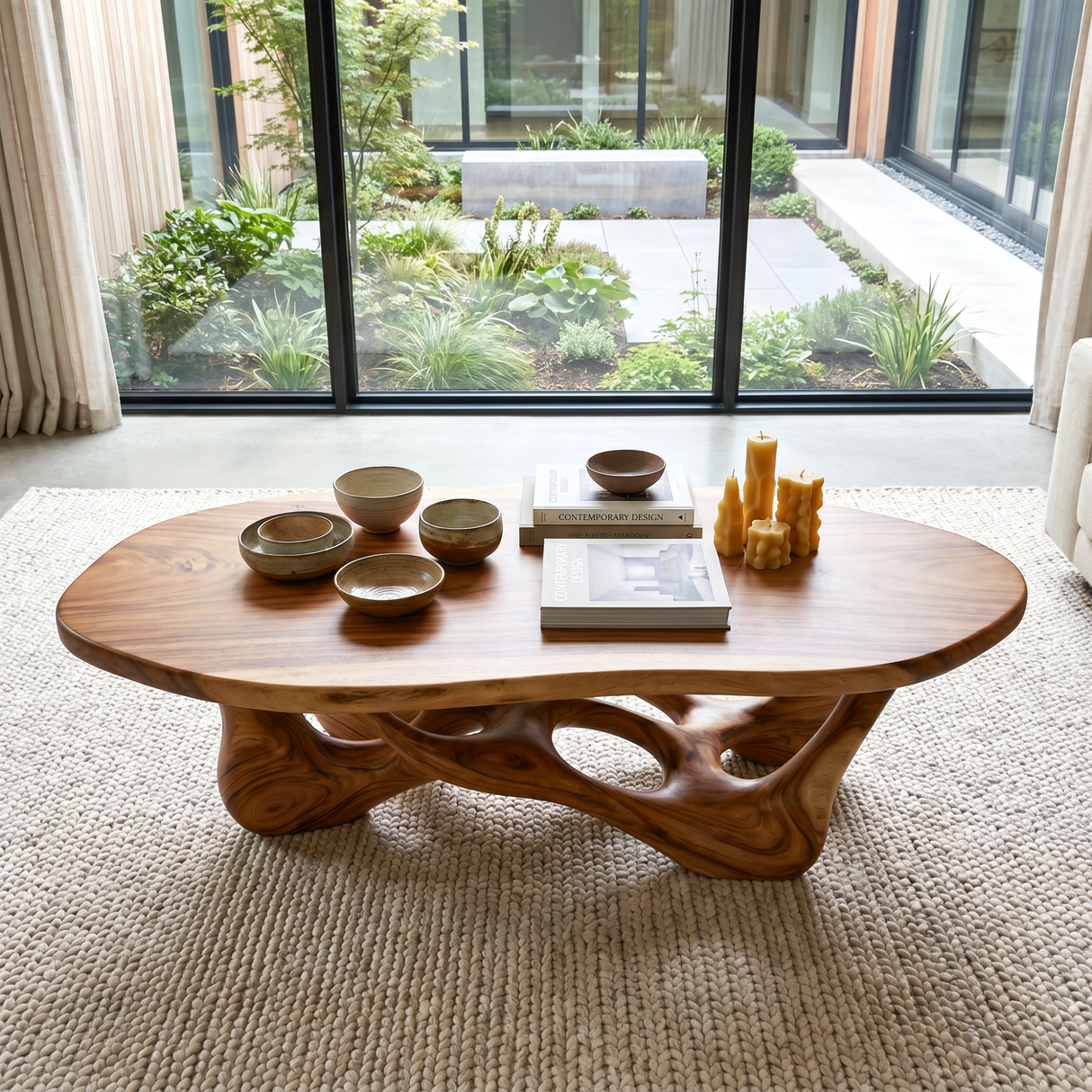 Solid Wood Coffee Table with Organic Openwork Base and Rounded Slab Top