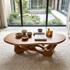 Solid Wood Coffee Table with Organic Openwork Base and Rounded Slab Top