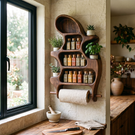 Organic Solid Wood Wall Spice Organizer with Plant Shelves and Towel Roll Holder