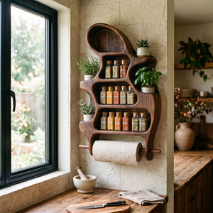 Organic Solid Wood Wall Spice Organizer with Plant Shelves and Towel Roll Holder