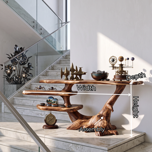 Handcrafted Solid Wood Console Table with Asymmetrical Shelves and Branching Base
