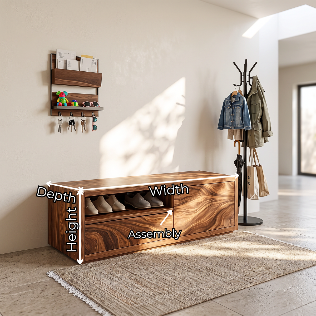 Shoe Cabinet Solid Wood with Open Display Shelf and Enclosed Storage