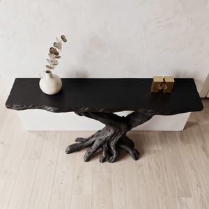 Sculptural Black Wood Console Table with Twisted Root Base