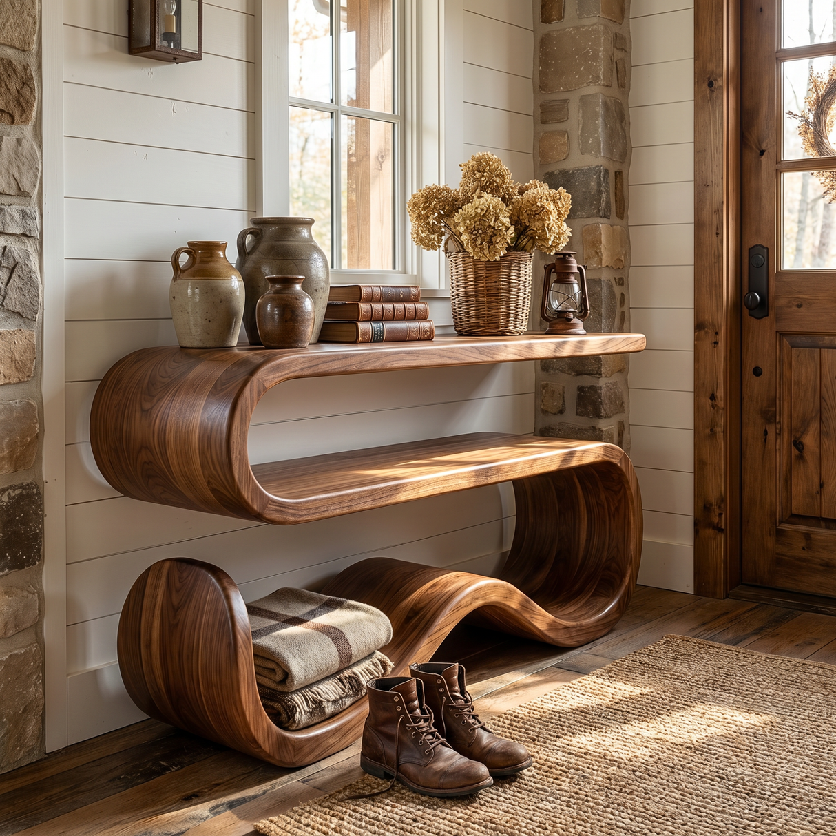 Hand-Carved Solid Wood Outdoor Sculpture Ascending Open Curve Monument Form