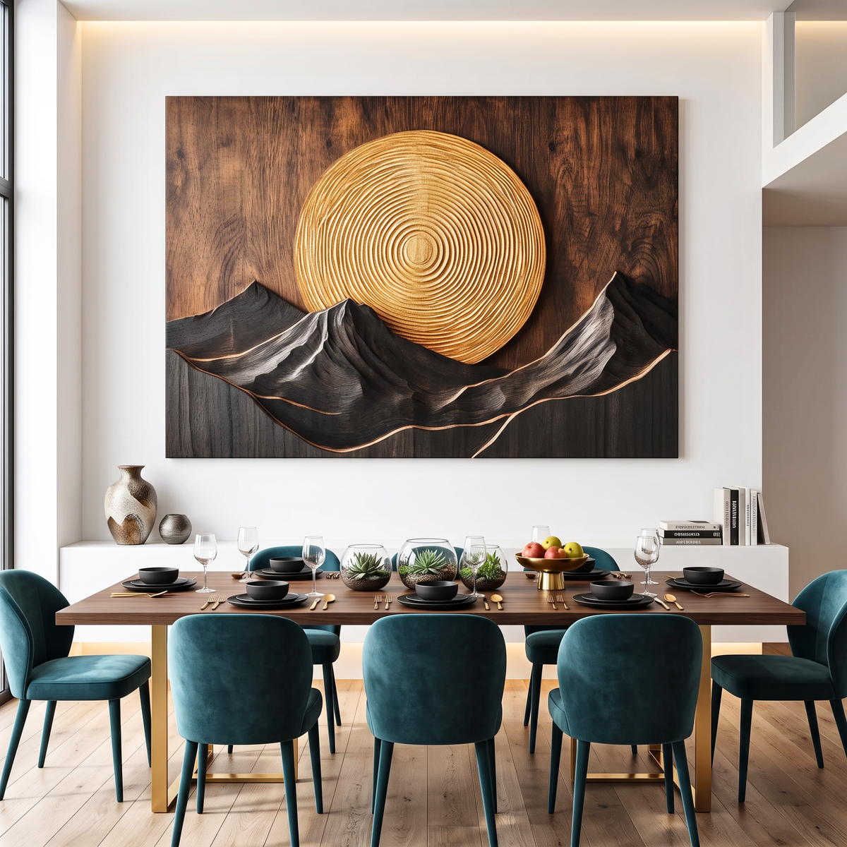 Wall Sculpture Mountain Sunset with Golden Sun and Layered Peaks